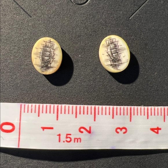 Vintage Faux Scrimshaw Tall Ship Tiny Earrings - Picture 2 of 4